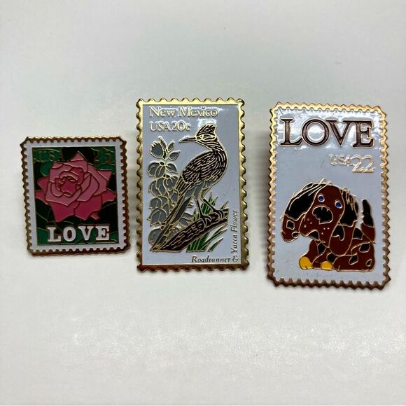 Set of 3 Vintage USPS Metal Stamp Pins by Winco Rose Dog LOVE Roadrunner NM - Picture 1 of 13